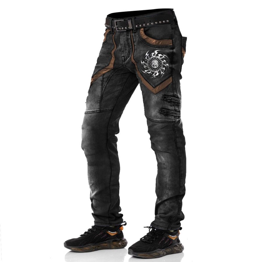 

Pantalon Imprimé Route 66 Pour Hommes Patchwork Cuir Extérieur Vintage Coton Lavé Pantalon De Travail Quotidien