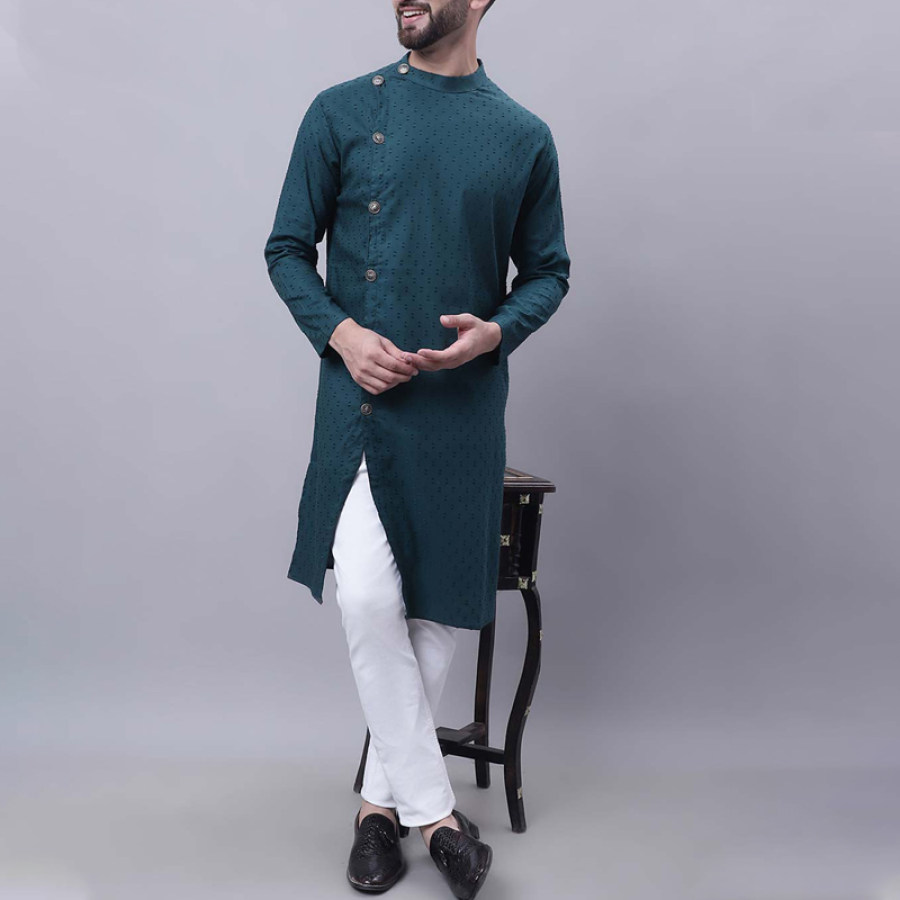 

Herren Dunkelgrün Grün Baumwolle Kurta Side Split Langes Kleid S-3XL