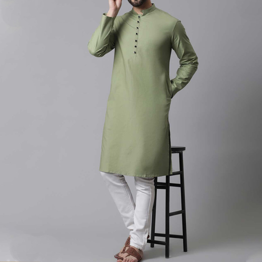 

Robe Longue Kurta En Coton Vert Pour Hommes Fendue Sur Le Côté S-3XL