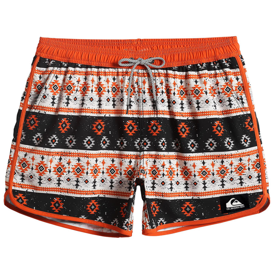 

Mens Ethnic Geometric Pattern Swim Trunks 4.5 Inch Surf Shorts Leaf Vintage With Mesh Lining Beach Shorts