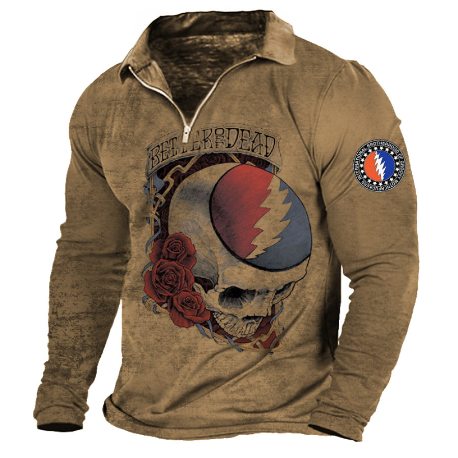 

Grateful Dead Herren-T-Shirt Im Retro-Stil Mit Halbem Reißverschluss Und Totenkopf-Motiv