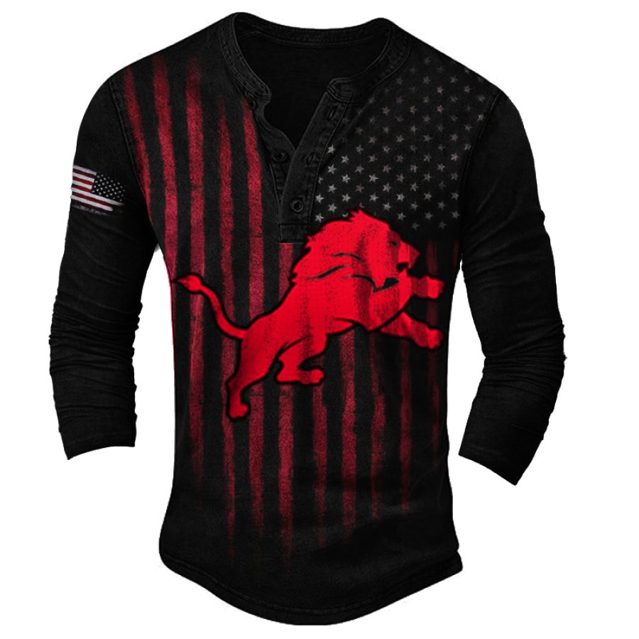 

Мужская винтажная футболка с длинным рукавом и воротником-хенли Detroit Lions с принтом американского флага