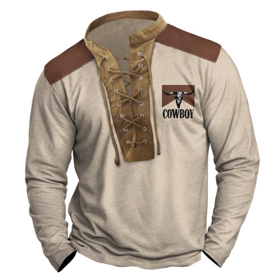 

T-shirt à Lacets Pour Hommes Col Montant Imprimé Cowboy Occidental Vintage Bloc De Couleurs Hauts à Manches Longues