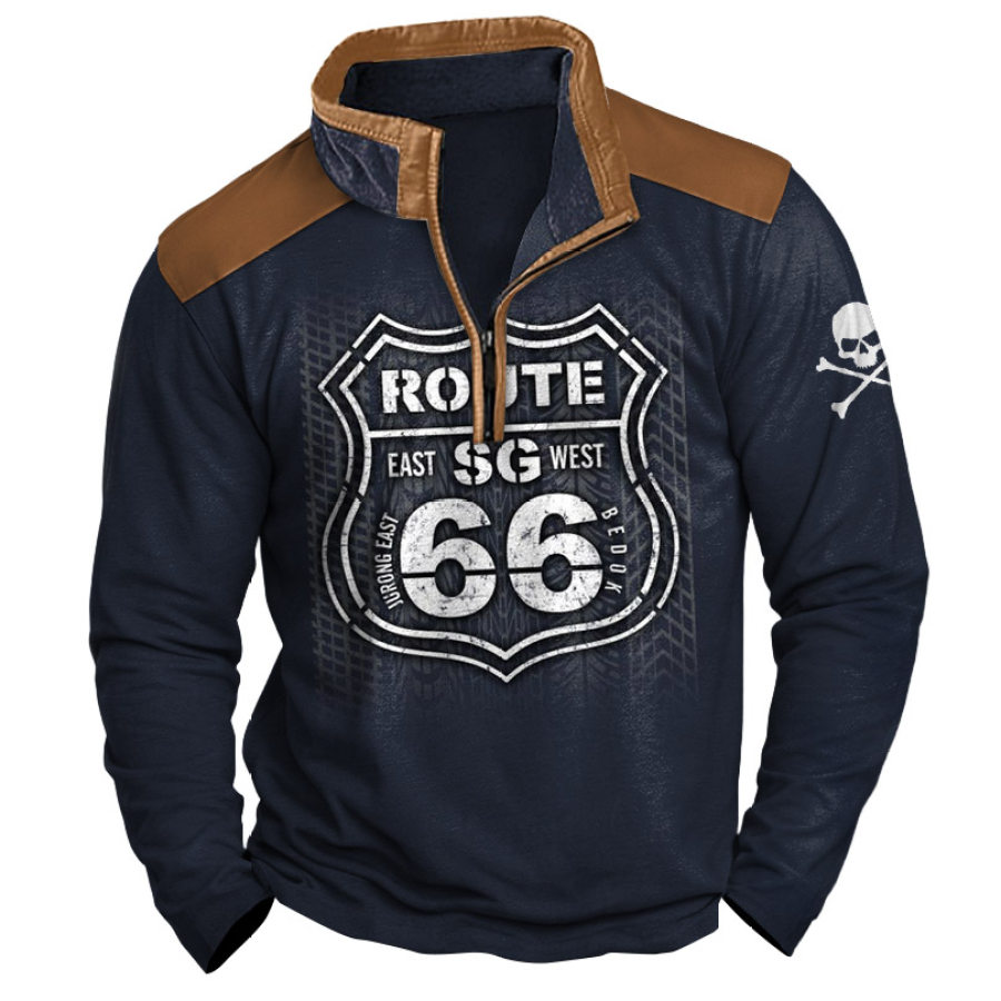 

Men's T-Shirt Route 66 Road Trip Skull Print Quarter-Zip Stand Collar Contrast Color Long Sleeve Daily Tops