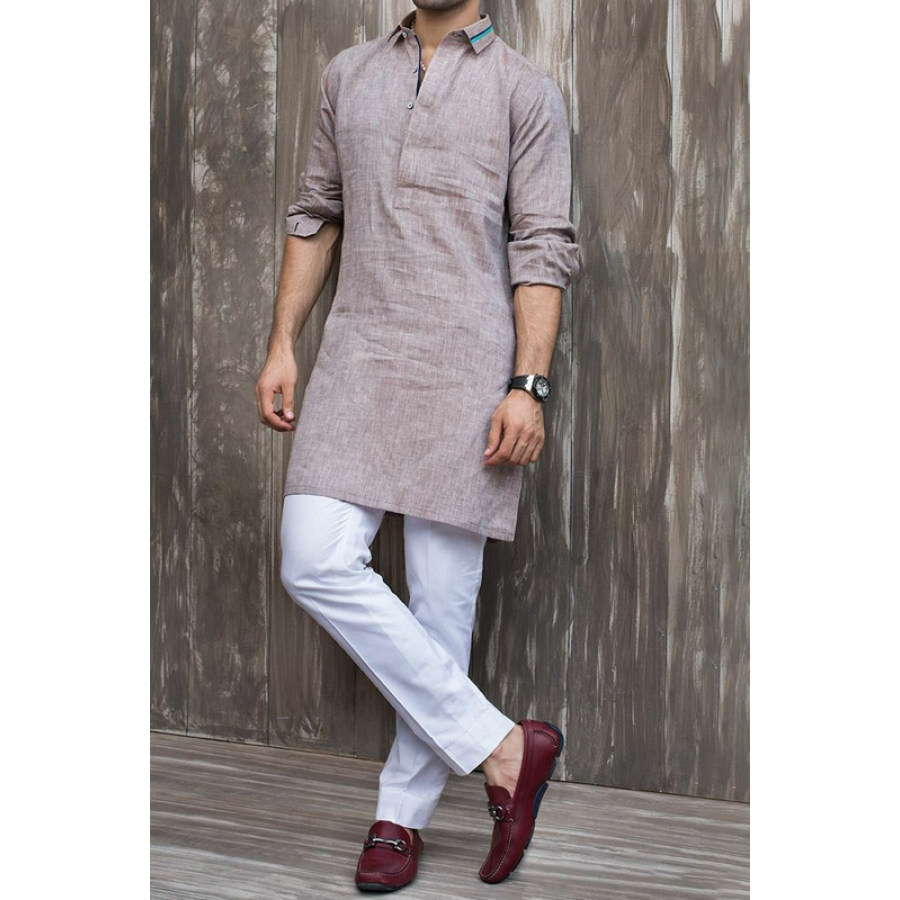 

Men Polo Collar Cotton Line Kurta Side Split Long Gown S-3XL Pink Apricot