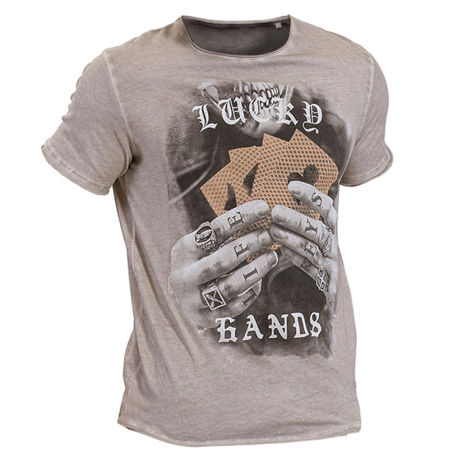 

Herren-T-Shirt Mit Lucky Hands Poker-Aufdruck Kurzärmelig Und Rundhalsausschnitt