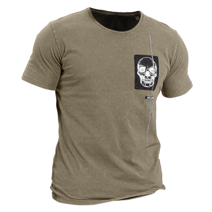 

Herren-T-Shirt Mit Totenkopf-Print Farbblock-Tasche Kurzärmlig Und Rundhalsausschnitt