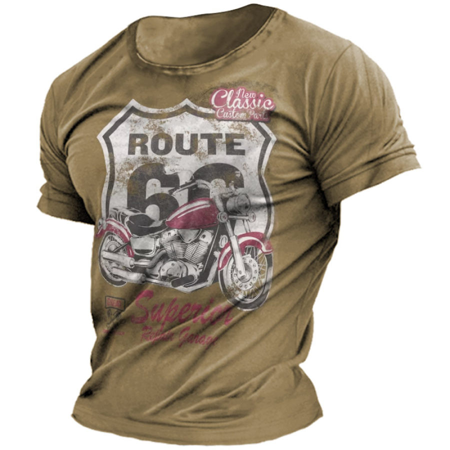 

Kurzärmliges Herren-T-Shirt Mit Vintage-Route-66-Motorrad-Aufdruck Und Rundhalsausschnitt