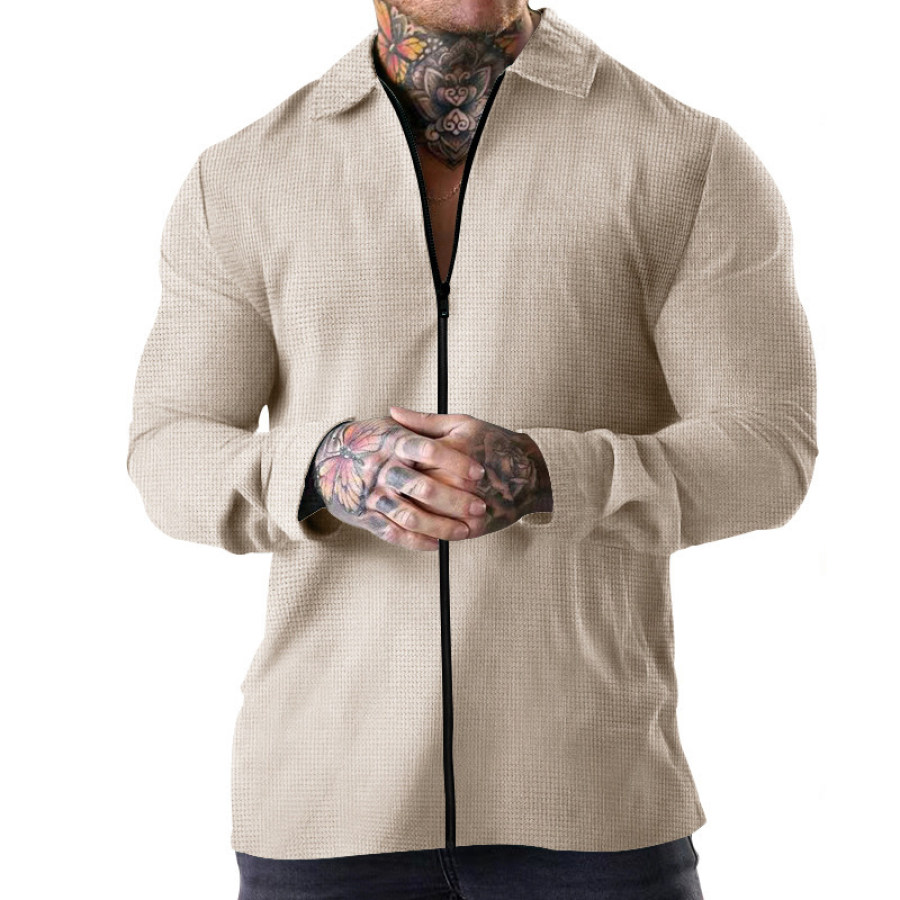

Men's Heavyweight Waffle Solid Color Zipper Long Sleeve Jacket Casual Lapel Cardigan
