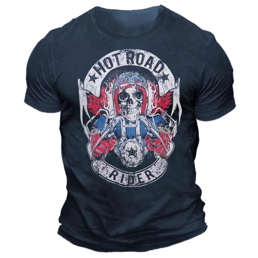 

Camiseta De Manga Corta Con Cuello Redondo Y Estampado De Calavera Vintage Hot Road Para Hombre