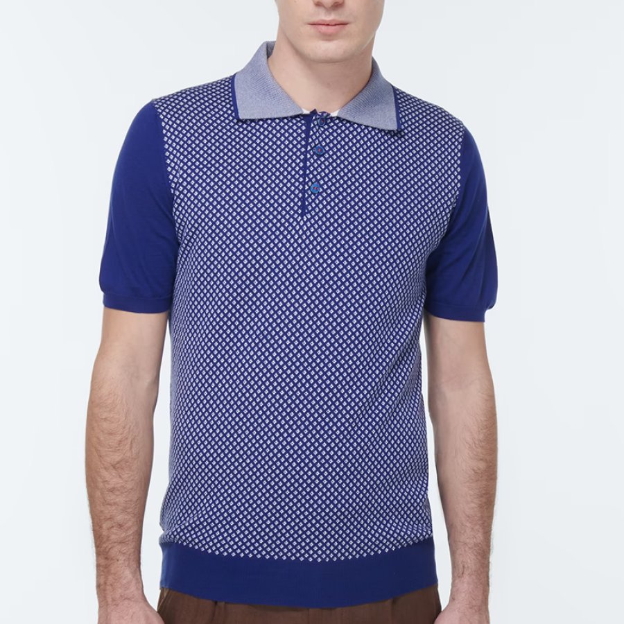 

Men's Blue Plaid Contrasting Twist-button Polo Shirt