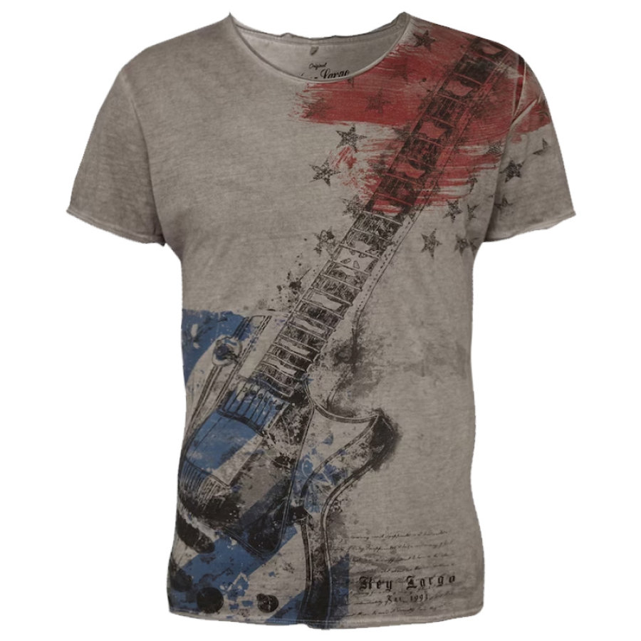 

T-shirt à Manches Courtes Et Col Rond Pour Hommes Imprimé Guitare Rétro En Détresse