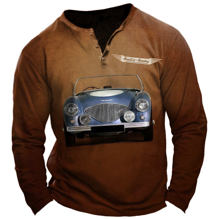 

T-shirt à Manches Longues Avec Col Henley Et Impression De Voiture Classique Rétro Austin Healeyi Pour Hommes