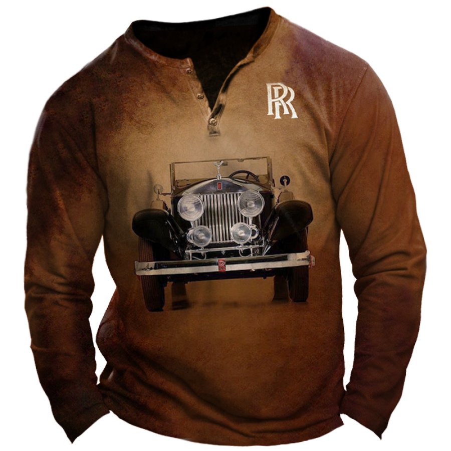 

T-shirt à Manches Longues à Col Henley Pour Hommes Rétro Rolls Royce Voiture Classique Impression De Voiture Ancienne
