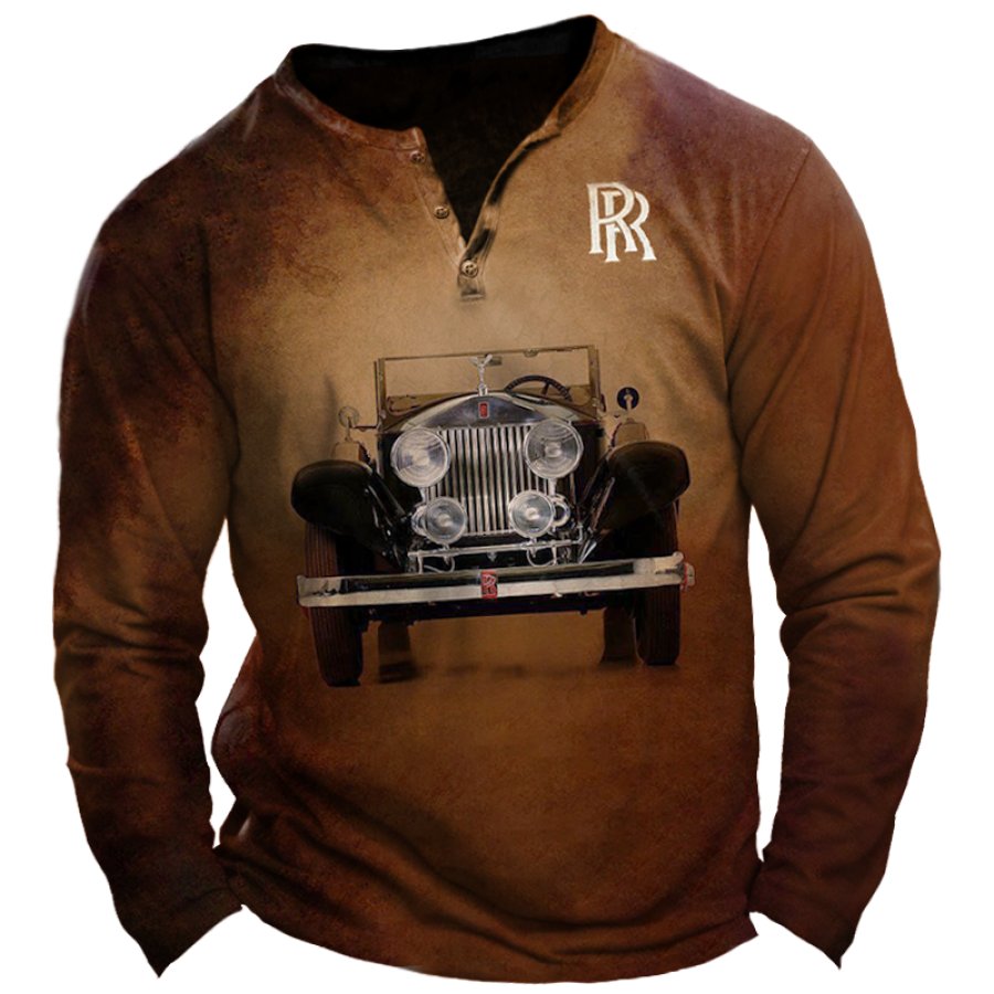 

Herren-T-Shirt Mit Retro-Rolls-Royce-Oldtimer-Antikauto-Aufdruck Und Henley-Kragen