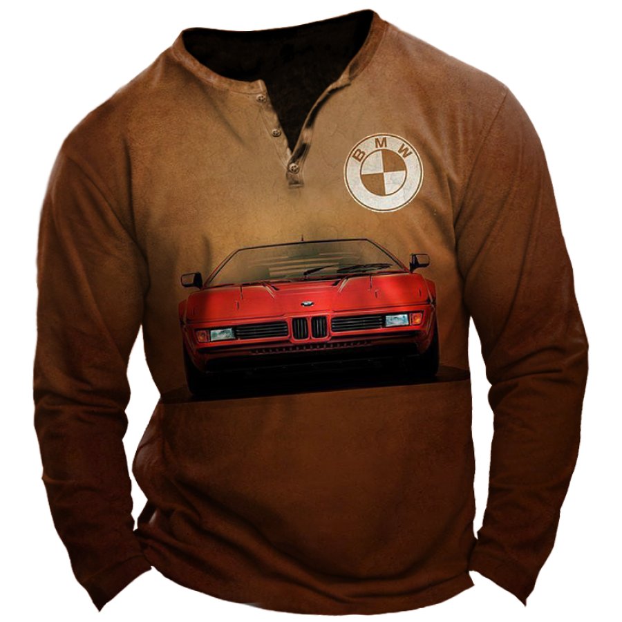 

Herren-Langarm-T-Shirt Mit Henley-Kragen Im Retro-Stil BMW Oldtimer-Antikauto-Aufdruck