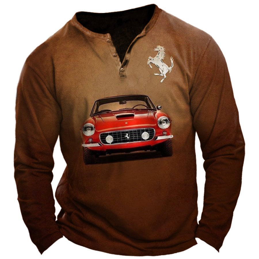 

Herren-Langarm-T-Shirt Mit Retro-Ferrari-Oldtimer-Antikauto-Aufdruck Und Henley-Kragen