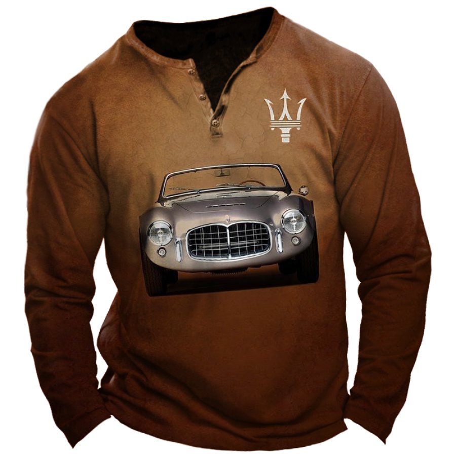 

Herren-T-Shirt Mit Retro-Maserati-Oldtimer-Antikauto-Aufdruck Und Henley-Kragen