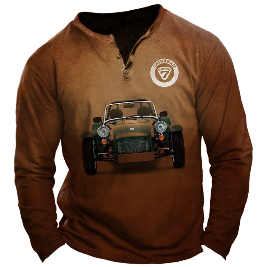 

Herren-Langarm-T-Shirt Mit Retro-Caterham-Oldtimer-Antikauto-Aufdruck Und Henley-Kragen