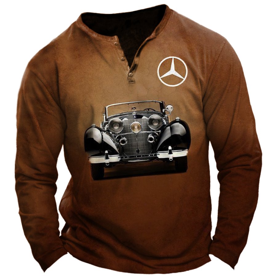 

Camiseta De Manga Larga Con Cuello Henley Y Estampado De Coches Antiguos De Coche Clásico Retro Benz Para Hombre