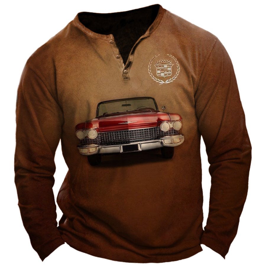 

Herren-Langarm-T-Shirt Mit Retro-Cadillac-Oldtimer-Antikauto-Aufdruck Und Henley-Kragen