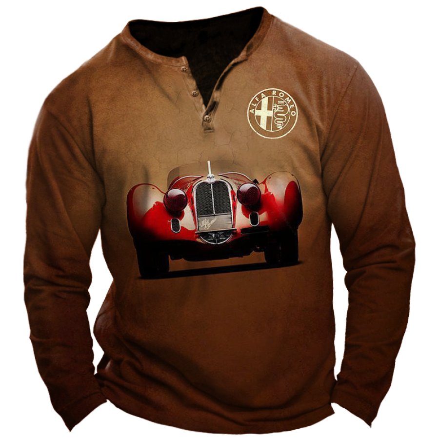 

Camiseta De Manga Larga Con Cuello Henley Y Estampado De Coches Antiguos De Alfaromeo Classic Car Retro Para Hombre