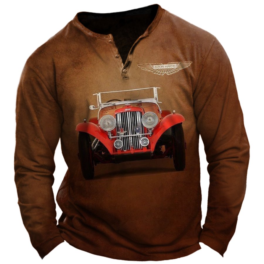

T-shirt à Manches Longues à Col Henley Imprimé Voiture Classique Rétro Pour Hommes