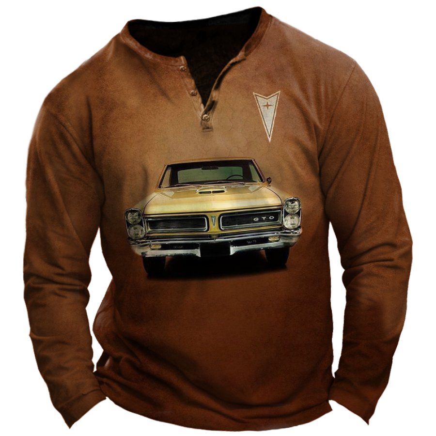 

Herren-T-Shirt Mit Retro-Pontiac-Oldtimer-Antikauto-Aufdruck Und Henley-Kragen