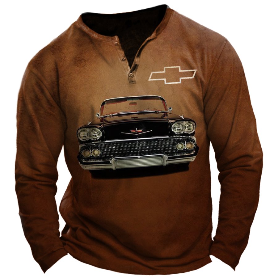 

Camiseta De Manga Larga Con Cuello Henley Y Estampado De Coches Antiguos De Chevrolet Clásico Retro Para Hombre