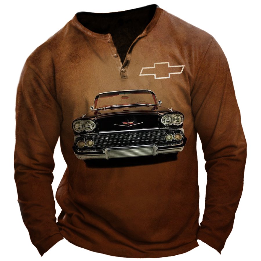 

T-shirt à Manches Longues Et Col Henley Pour Hommes Rétro Chevrolet Classique Voiture Ancienne Imprimée