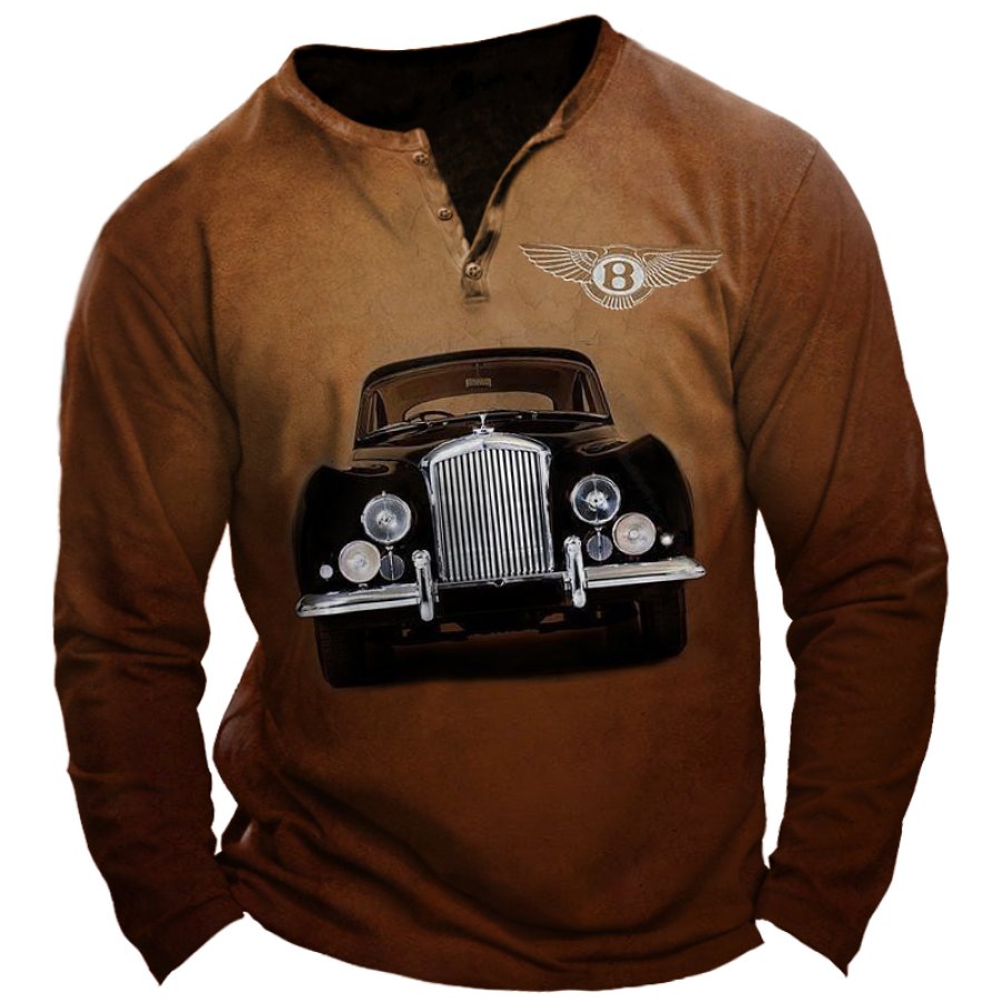 

Camiseta De Manga Larga Con Cuello Henley Y Estampado De Coches Antiguos De Bentley Classic Car Retro Para Hombre