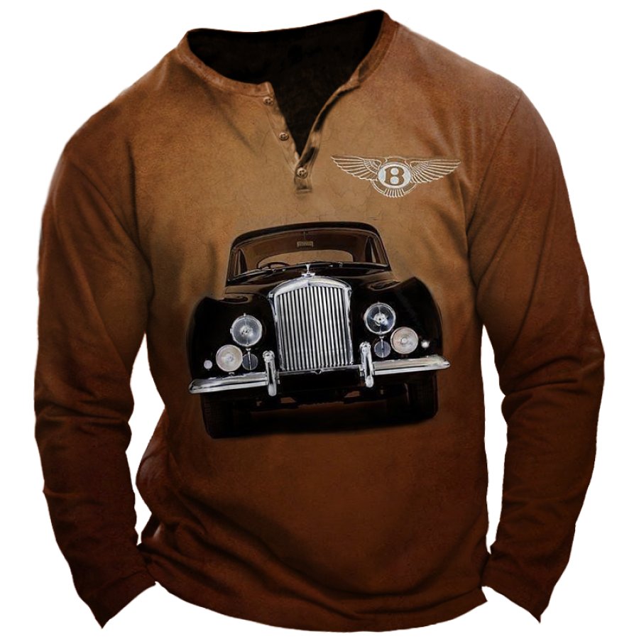 

Herren-T-Shirt Mit Retro-Bentley-Oldtimer-Antikauto-Aufdruck Und Henley-Kragen