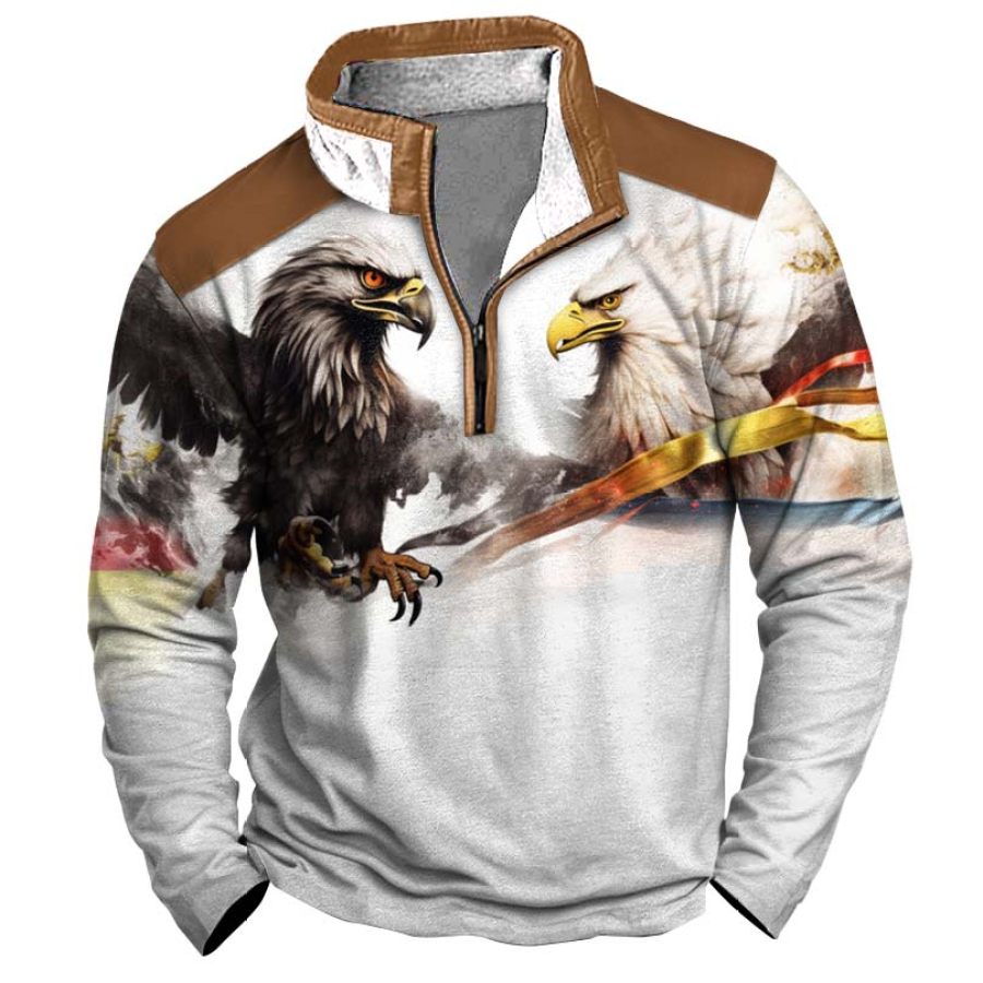 

Men's T-Shirt German Eagle Print Quarter-Zip Stand Collar Contrast Color Long Sleeve Daily Tops