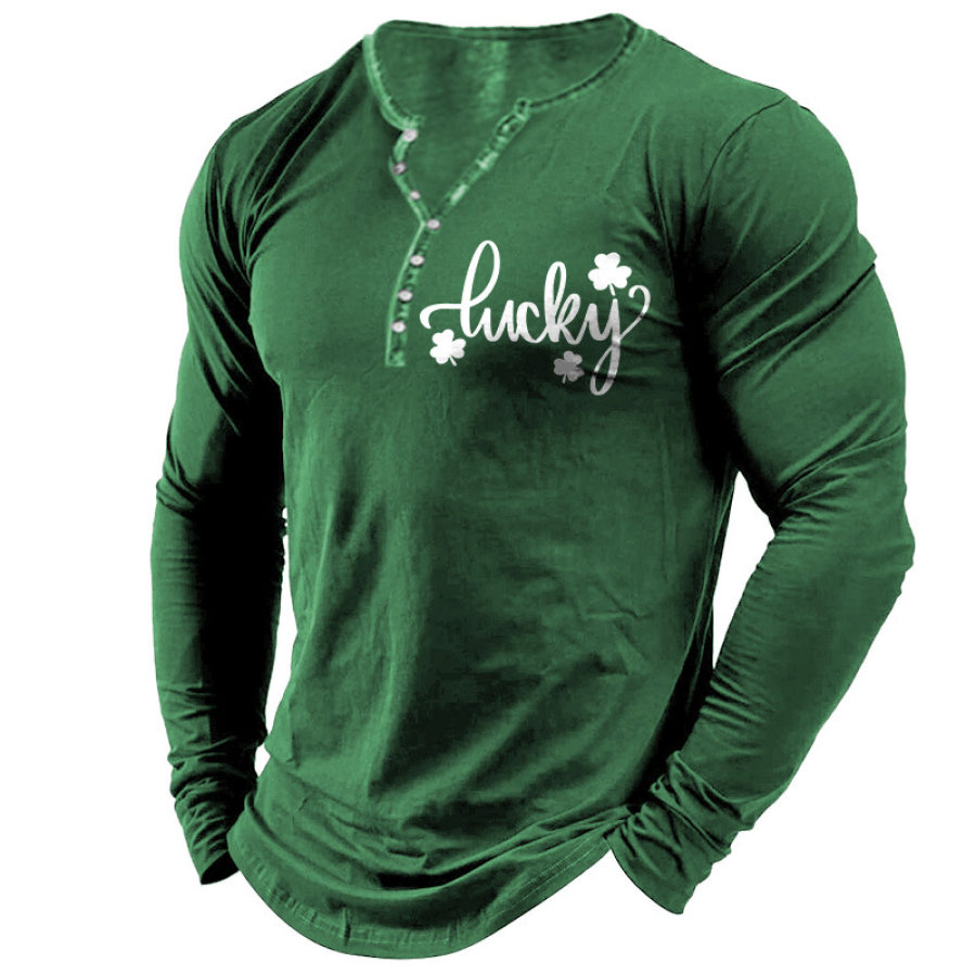 

T-Shirt Homme Henley Lucky St. Patrick's Day Trèfle Irlandais Manches Longues Vintage Hauts Quotidiens