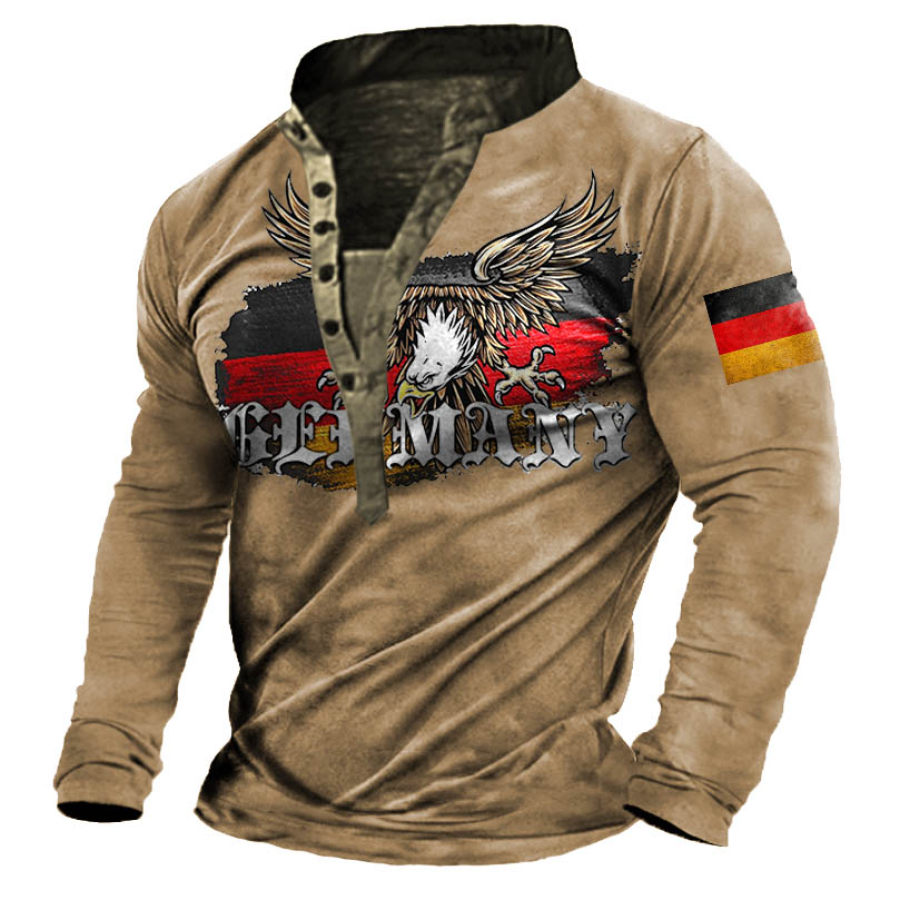 

Herren T-Shirt Henley Stehkragen Vintage Deutsche Flagge Adler Langarm Alltagsoberteile