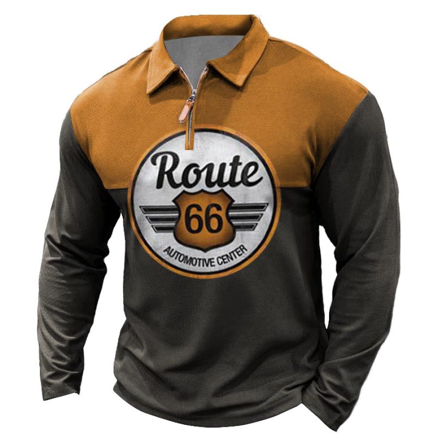 

Мужская футболка поло на молнии Route 66 с длинным рукавом в винтажном стиле с цветными блоками повседневные топы