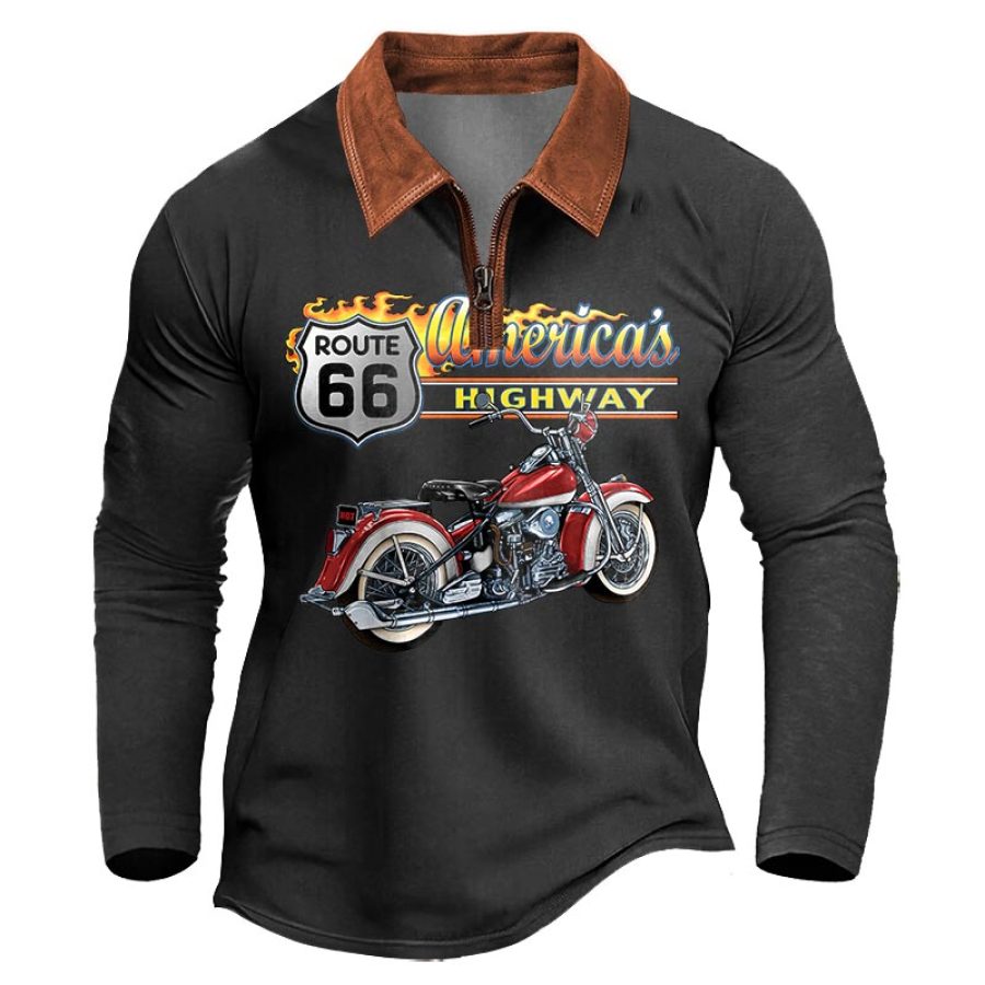 

Herren T-Shirt Reißverschluss Polo Patchwork Leder Route 66 Motorrad Langarm Vintage Kontrastfarbe Alltagsoberteile