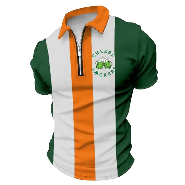 Men's T-Shirt Cheers Beer Drinking St. Patrick's Day Zipper Polo Color Block Vintage Short Sleeve Summer Daily Tops - Trisunshine.com 