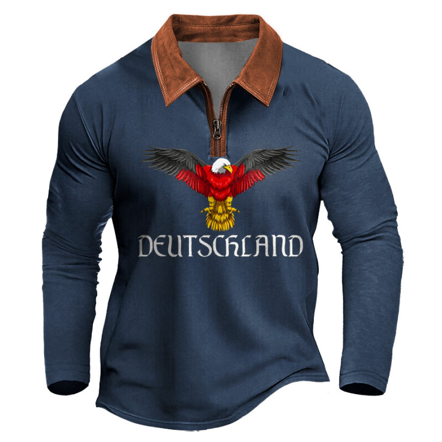 

Herren T-Shirt Reißverschluss Polo Patchwork Leder Deutsche Flagge Adler Aufdruck Langarm Vintage Kontrastfarbe Alltagsoberteile