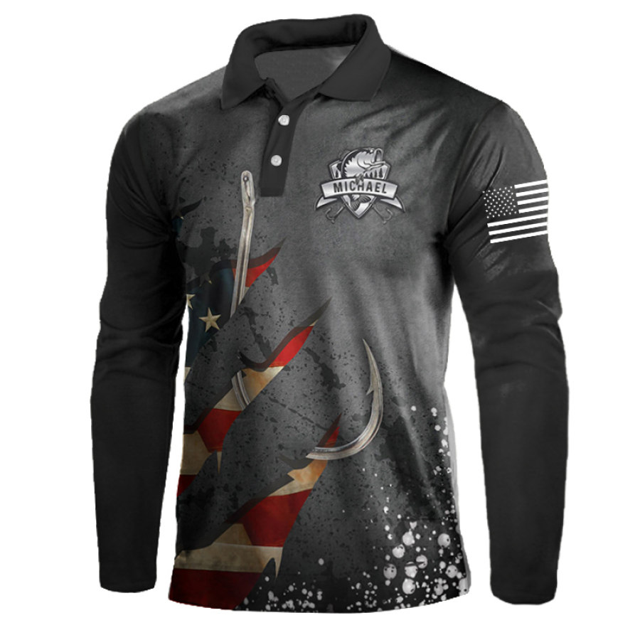 

Men's T-Shirt Polo Fishing American Flag Patriotic Long Sleeve Outdoor Daily Tops