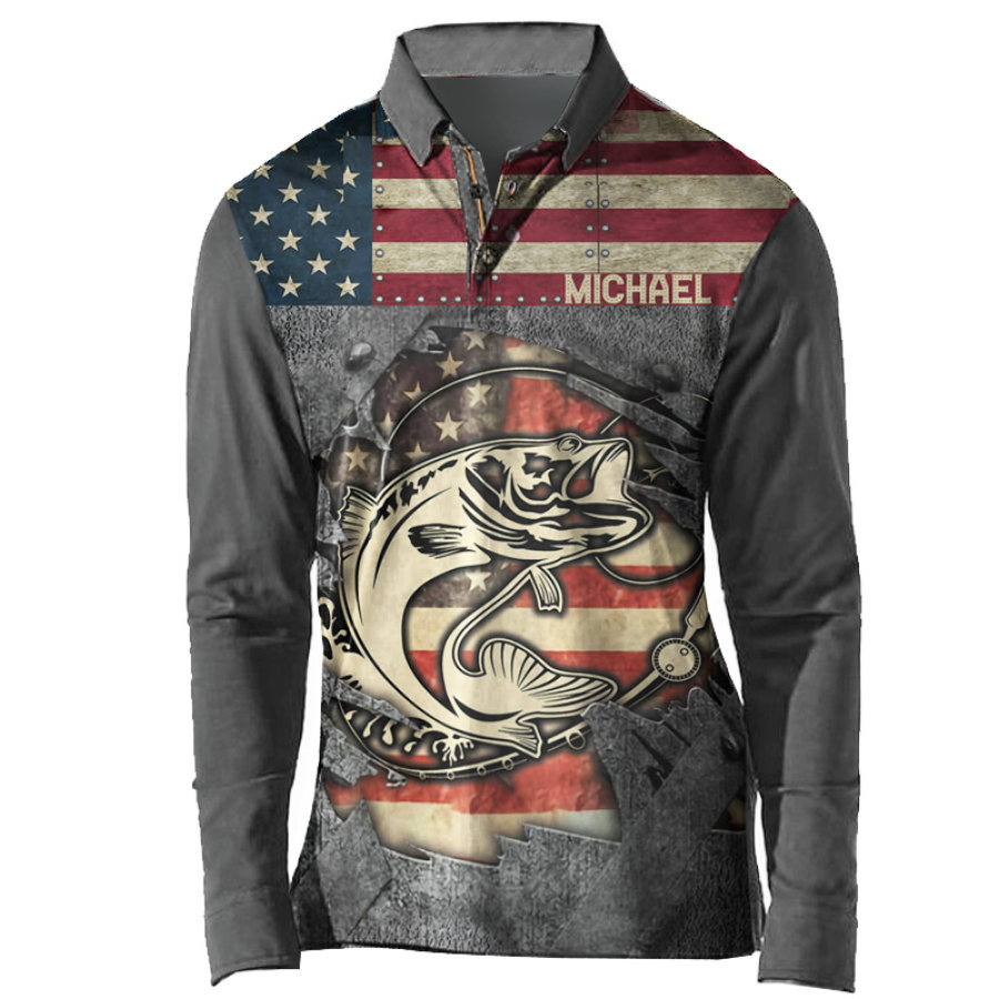 

Polo De Manga Larga Con Estampado De Bandera Americana Retro Para Pesca De Lubina Al Aire Libre Para Hombre