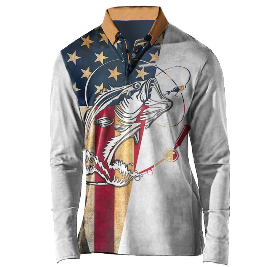 

Polo Con Estampado De Bandera Americana Y Tatuaje De Pesca De Lubina Al Aire Libre Para Hombre