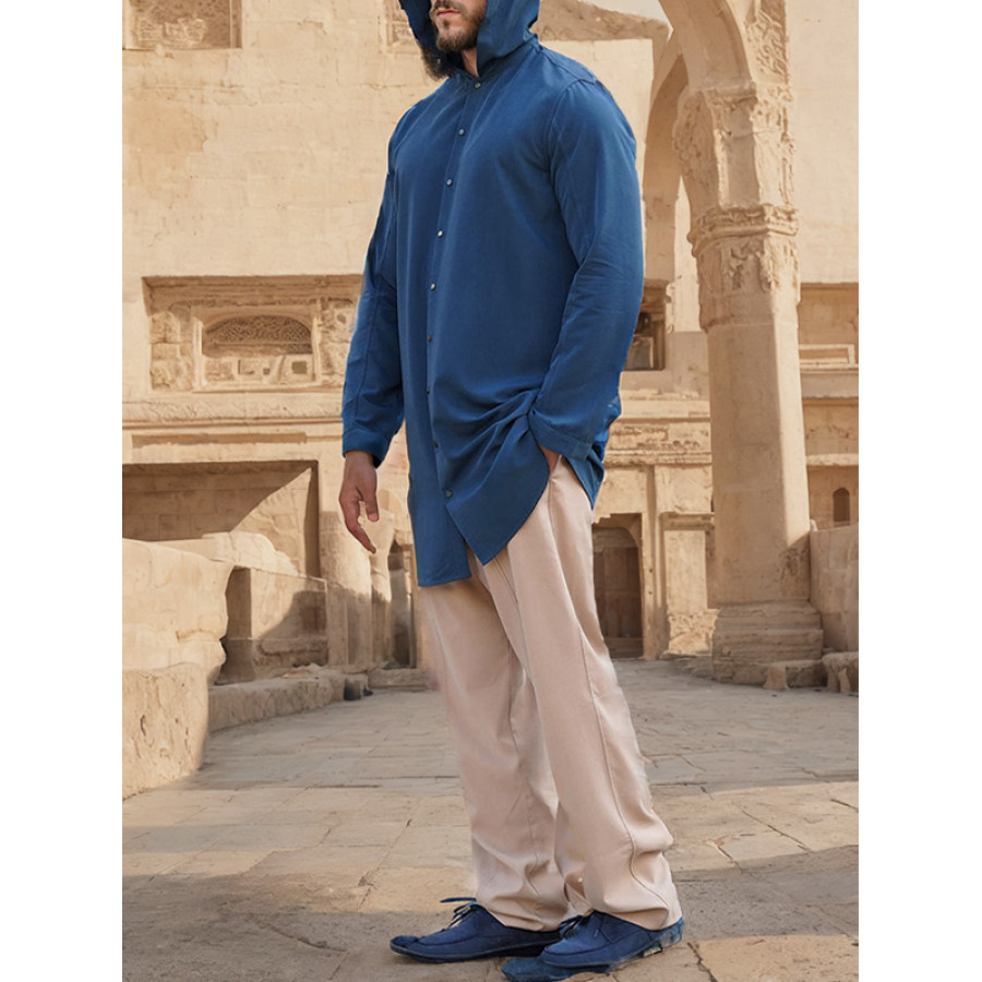 

Sweat à Capuche à Manches Longues Pour Hommes Kurta Robe Décontractée à Lacets Robe Longue Fendue Sur Le Côté Chemise En Lin