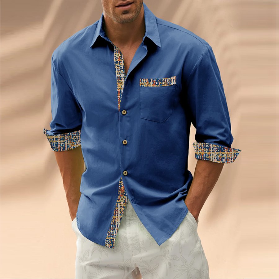 

Cotton Plain Contrast Chest Pocket Long Sleeve Casual Shirt