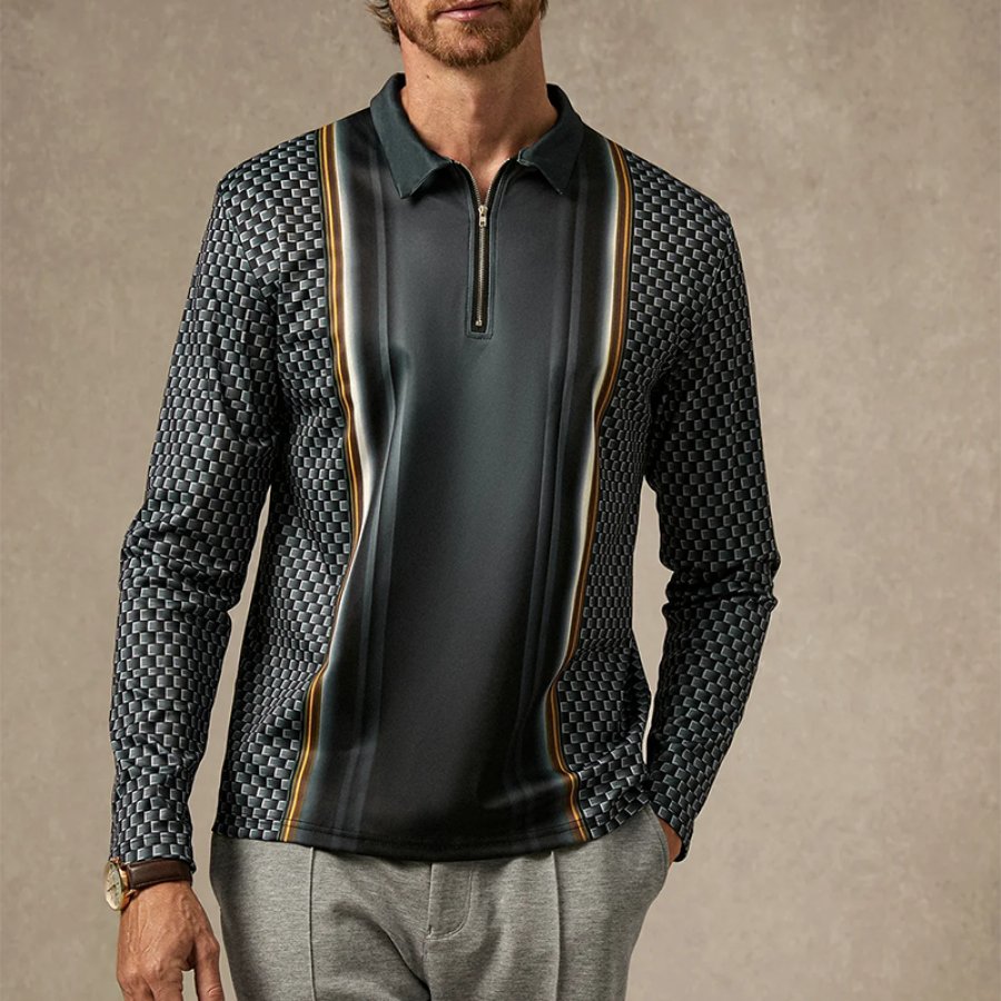 

Abstraktes Lässiges Bowling-Poloshirt Mit Geometrischem 3D-Reißverschluss Und Langen Ärmeln