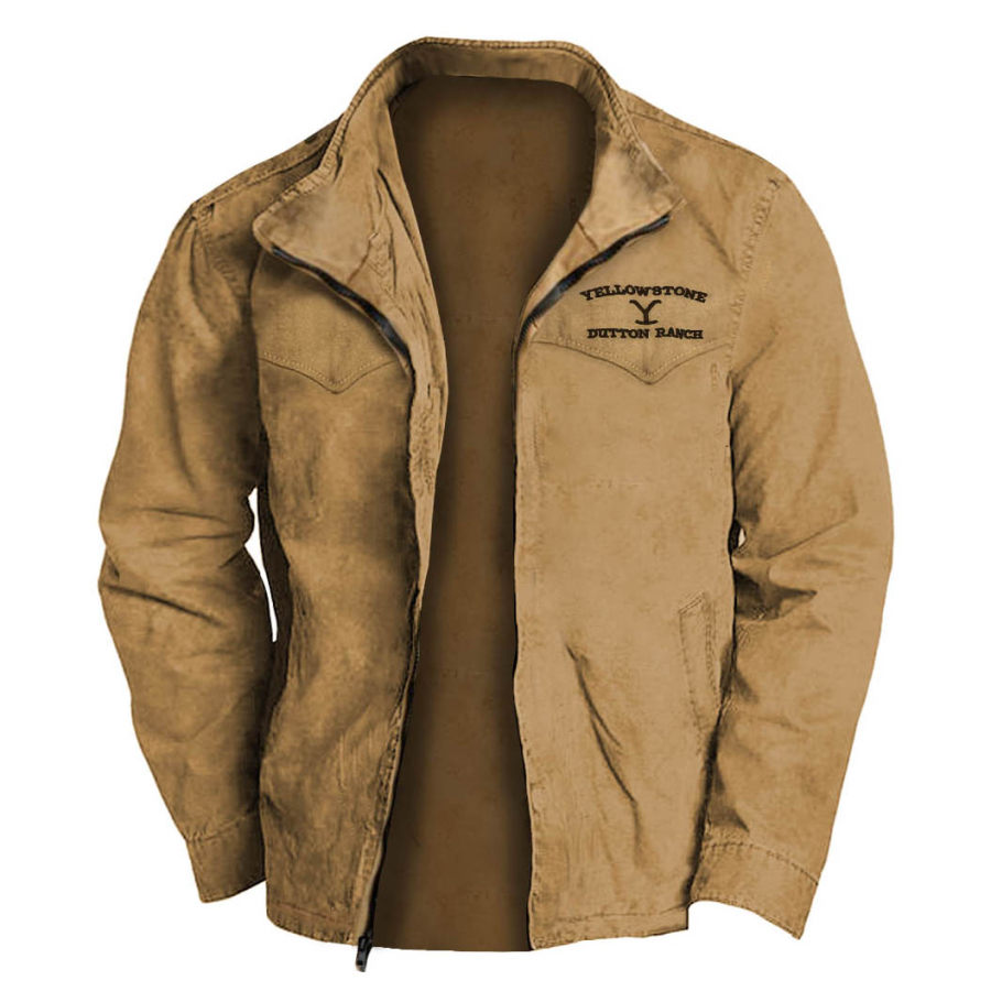 

Chaqueta De Hombre Vintage Yellowstone Dutton Ranch Bordado Al Aire Libre Bolsillo Soporte Cuello Abrigo