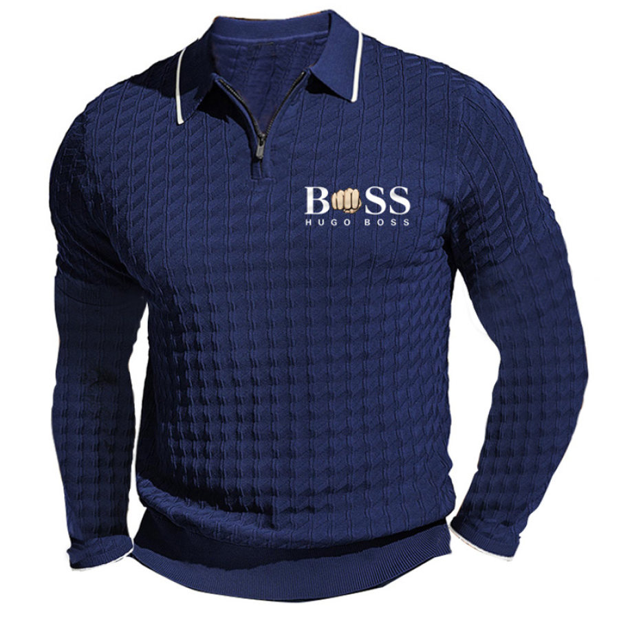 

Men's Boss Knit Polo Shirts Long Sleeve Quarter Zip Polo Shirt Waffle Business Casual Daily Tee