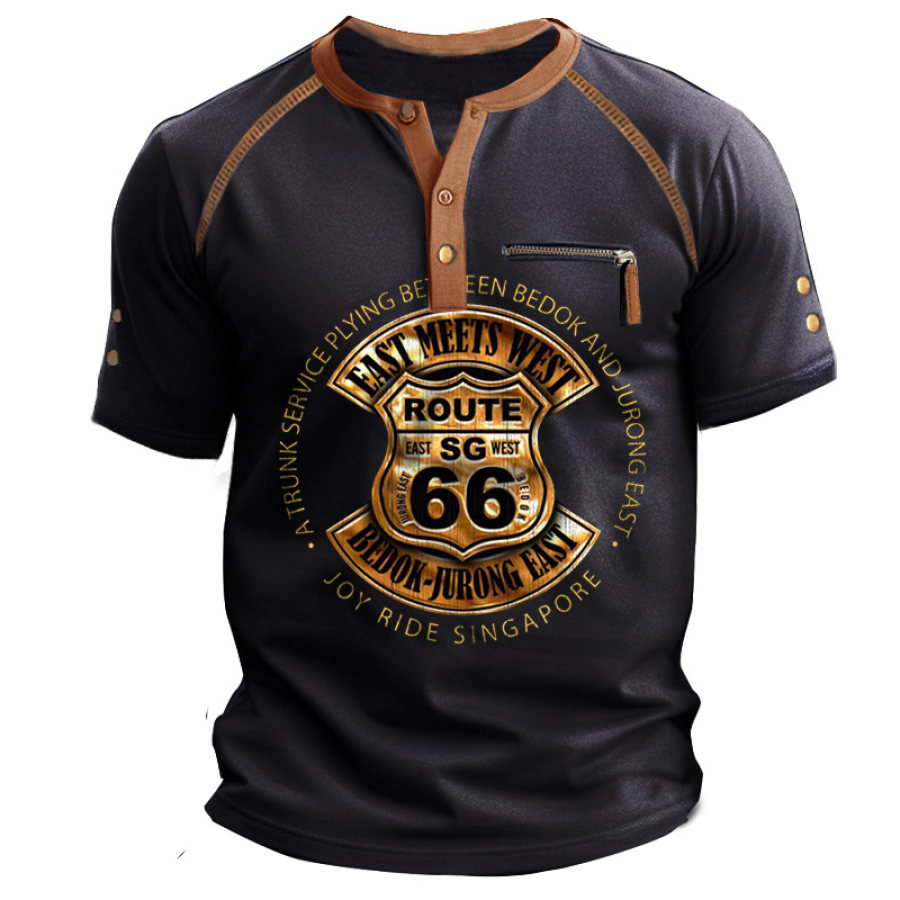 

Мужская футболка Route 66 с принтом Henley топ с короткими рукавами и карманом на молнии