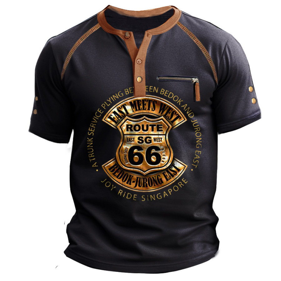 

Herren-T-Shirt „Route 66“ Mit Henley-Print Und Reißverschlusstasche Kurzärmlig
