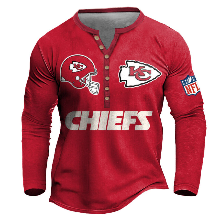 

T-Shirt Homme Henley Kansas City Chiefs NFL Manches Longues Vintage Quotidien Hauts
